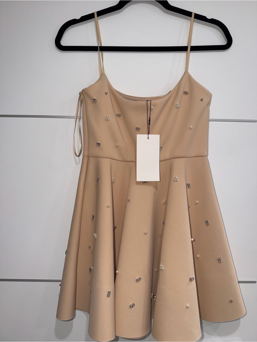 Zara Beige Embellished Spaghetti-Strap Skater Dress